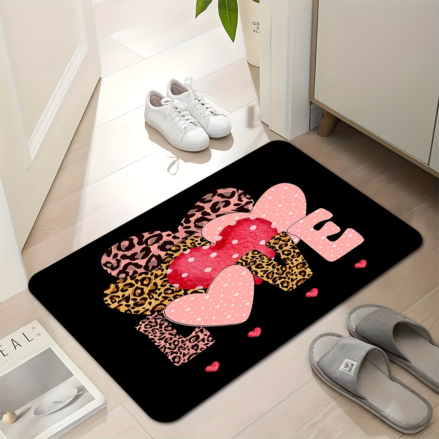 Home Textiles Premium - Fußmatte mit Leoparden-Herz-Liebes-Print, Premium-Flanell, rutschfeste Eingangsmatte